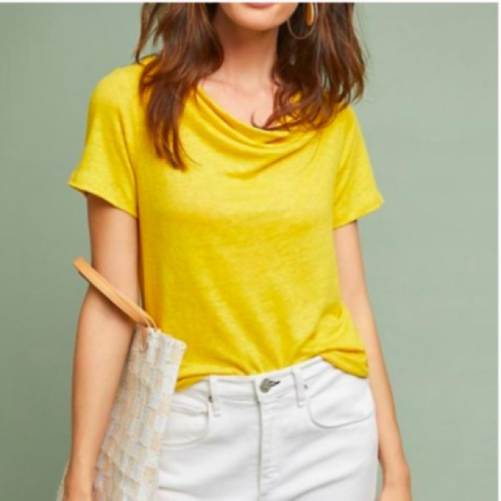 MAEVE Anthropologie Yellow Horizon Top Sz S 100% Linen Tee Crossover Tie Back